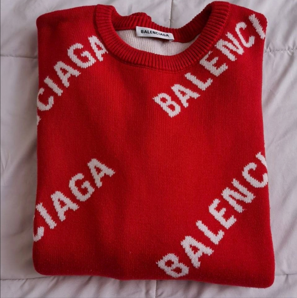 Balenciaga Intarsia Allover White Logo Red Knit Sweater Small Oversized Unisex